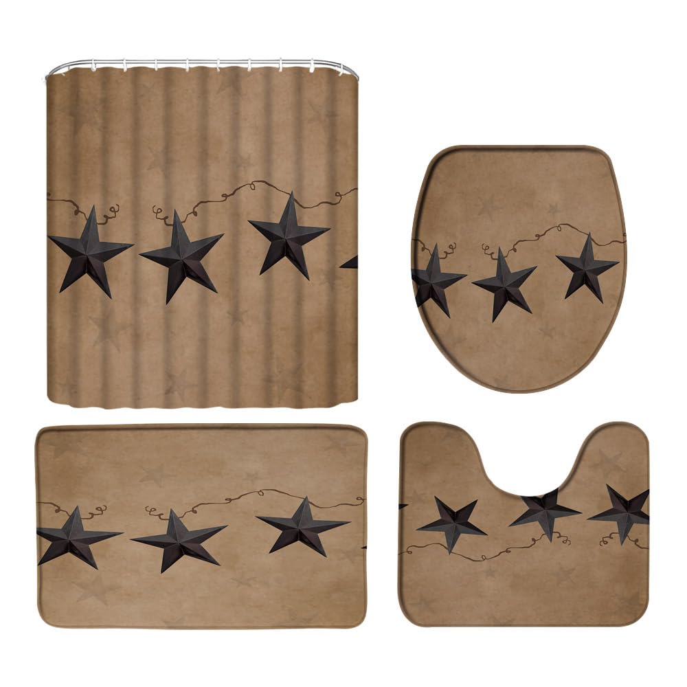 ZKJSMGS 4 Piece Shower Curtain Set with Rug, Rusty Star Primitive Rustic Western Farm Texas Vintage Star Barn Door Country Farmhouse 70" Wx70 H