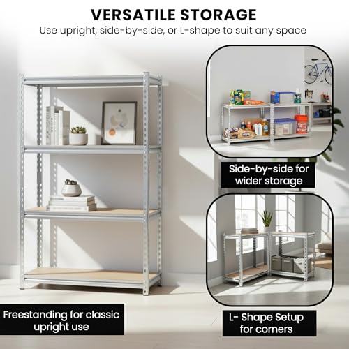 Image of Robustt 4-Tier Multipurpose Storage Rack | Bolt-Free Assembly | Galvanized Metal | Thick MDF Board | 175kg Capacity Per Shelf | 54 x 24 x 12 Inches Adjustable Shelf Rack for Home, Garage & Shop