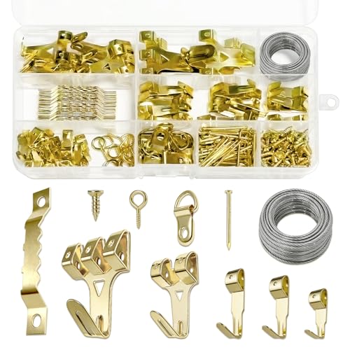 300pcs Picture Hooks Picture Hanging Kit for Picture Frame Fixing Hard Walls Photo Hooks Assorted Picture Hanger Set with Saw Tooth D-Ring Nails Wire Screws