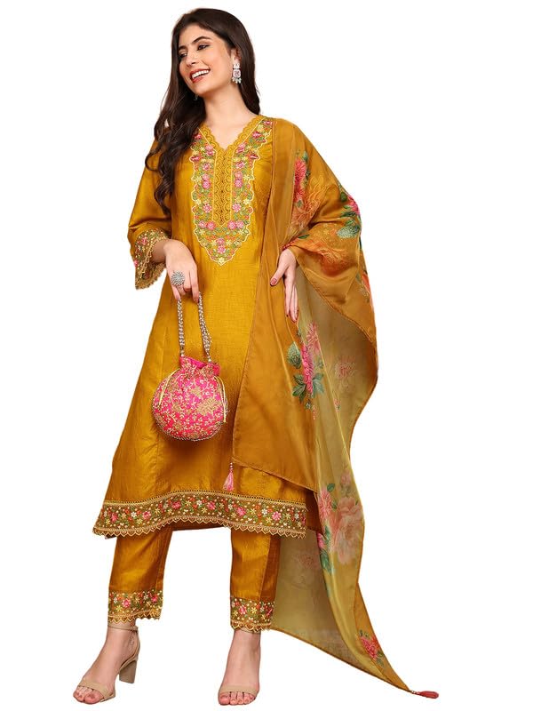 Image of Vaamsi Women's Silk Blend Solid Straight Embroidered Kurta Pant With Dupatta | kurta sets for woman