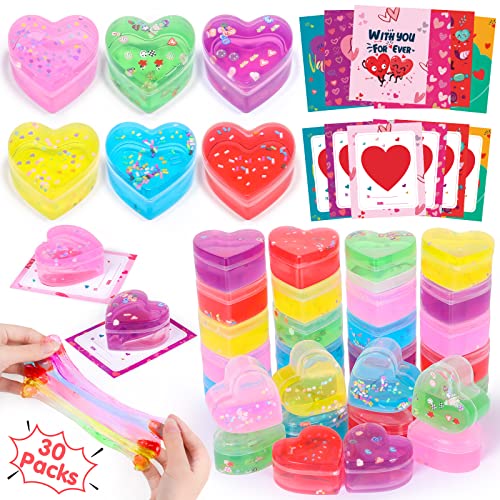 30 Packs Valentines Slime Party Favors for Kids Boys Girls, Kids Valentines Gifts with Valentine Cards for Kids Classroom Exchange Prizes School Class Valentines Day Gifts Kids Slime Valentines Treats
