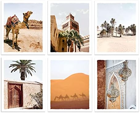 Moroccan Wall Art Prints Desert Boho Pictures Set of 6 Camel Plant Architecture Artwork for Living Room Wall Decor Unframed 8x10 Inches