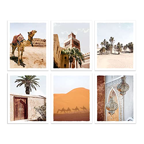 Moroccan Wall Art Prints Desert Boho Pictures Set Of 6 Camel Plant Architecture Artwork For Living Room Wall Decor Unframed 8X10 Inches #TOP7