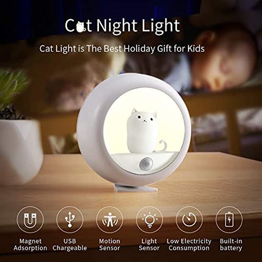 AZIEBAY センサーライト フットライト LED 猫型 USB充電式 明るさ調節 可置き/壁掛け/携帯 廊下 階段 洗面所 子供