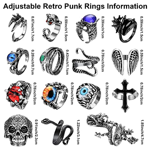 ADRAMATA 15Pcs Vintage Punk Gothic Rings for Men Women Octopus Snake Dragon Adjustable Open Rings Set Knuckle Stacking Ring Boho Finger Rings