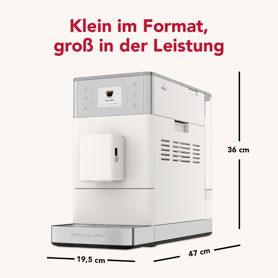 KitchenAid KF3 ekspres do kawy 5KES8453 z funkcją Iced Coffee, mechanizm mielący IntelliGrind, system AutoMilk, 15+ przepisów, kolorowy wyświetlacz 6 cm, 15-18 bar, porcelana biała