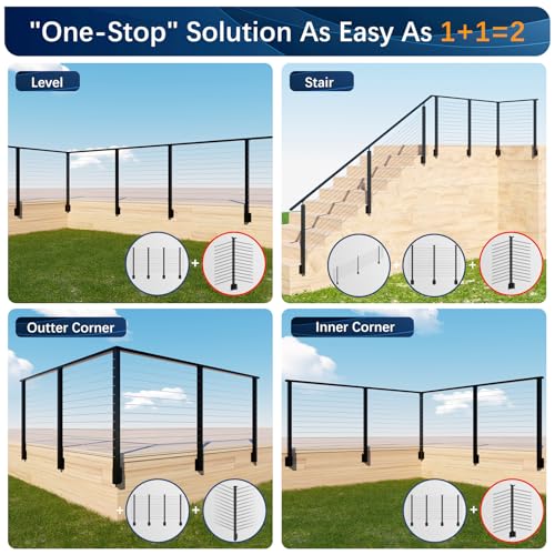 Image of Side Mount Inner Corner Post 42 inch (Post Body 47.6 inch), Fixed Top Three Side Drilled Corner Post Cable Railing, Black Stainless Steel 304 Fascia Mount Metal Post with Inner Terminal & Cable Grommet