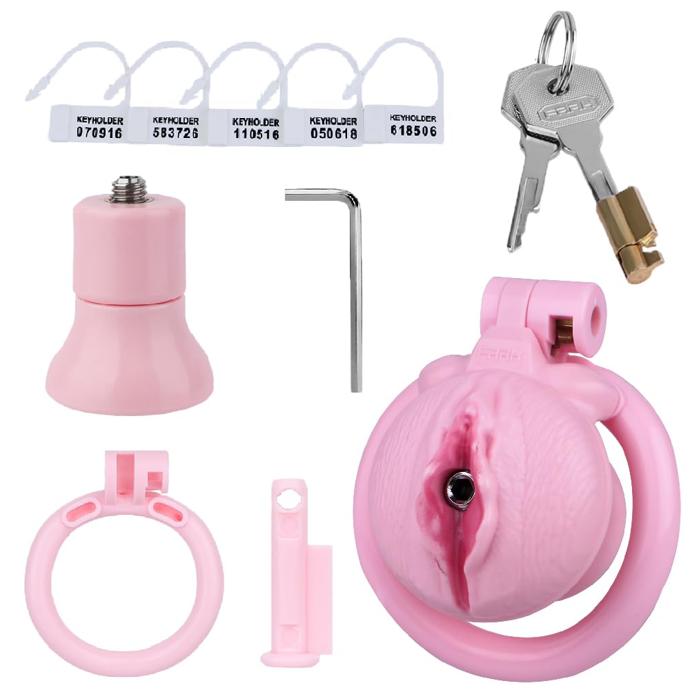 Pink Realistic Pussy Penis Cage Chastity Device Lock, Male Inverted Negative Sissy Chastity Cage with 4 Cock Ring, Sissy BDSM Abstinence Bondage Exercise Adults Sex Toys for Gay Men Couples