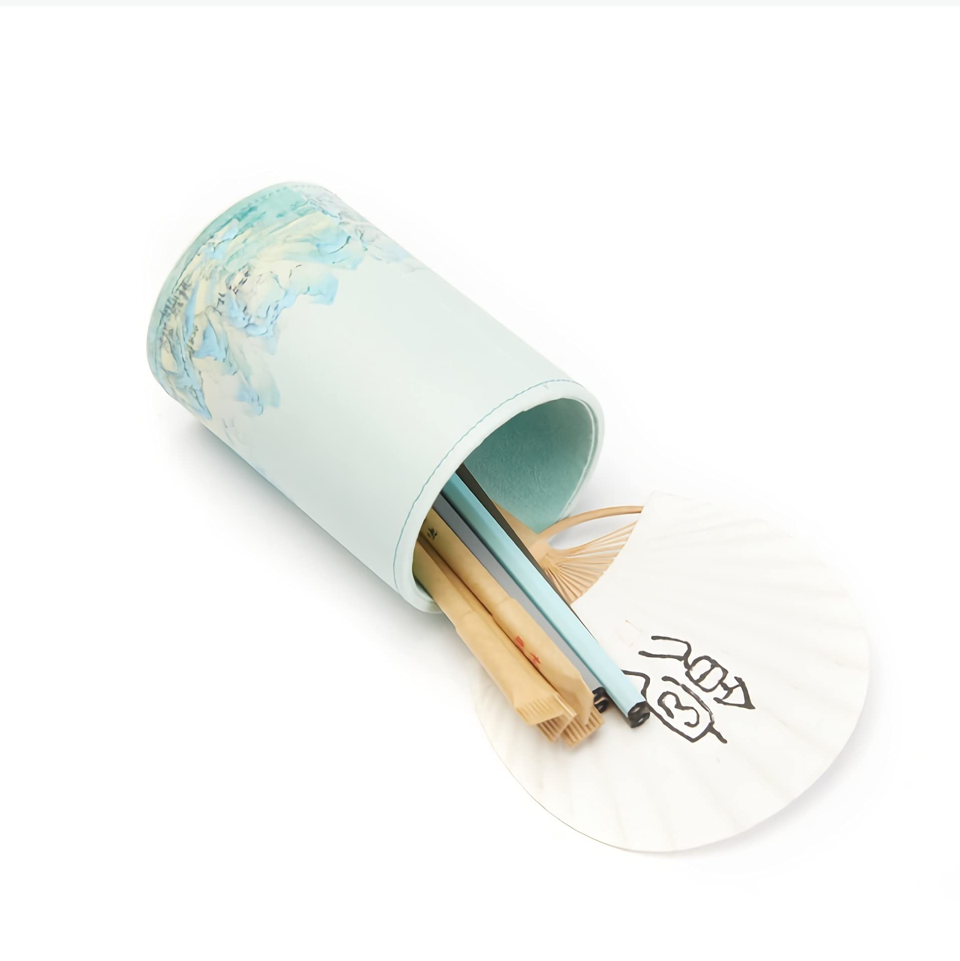 Stifthalter für den Schreibtisch, Runder Schreibtisch-Stifthalter aus PU-Leder mit chinesischem Tintenmuster, 8,5 x 11,9 cm