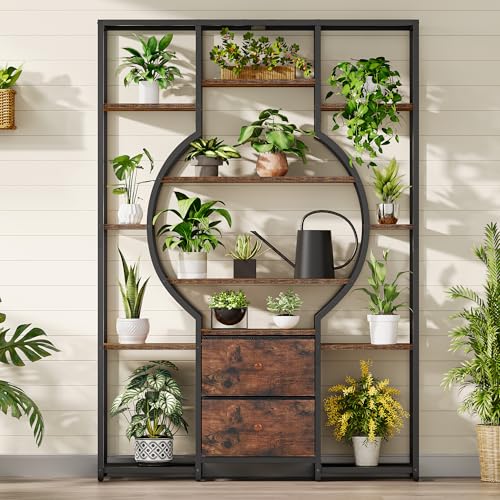 DWVO 6-Tier Bookshelf, Etagere Bookcase w/2 Drawers & 12 Open Shelf, Wood and Metal Book Shelf Storage Organizer, Industrial Display Shelf Unit for Study Living Room Bedroom Home Office, Rustic Brown
