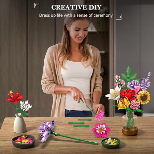 HOGOKIDS Flower Bouquet Set for Adults - 1461PCS Artificial Flowers Botanical Collection | 18 Sticks Ideas Decorative Home Plant Bouquet | Creative DIY Building Block Gift for Teens Girls Ages 8+2