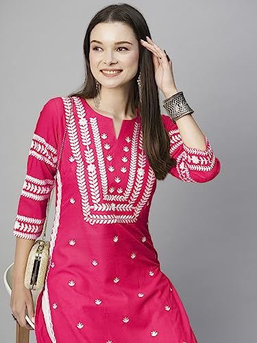 Image of ANNI Designer Women's Cotton Straight Fit Straight Viscose Chikankari Embroidered Kurta