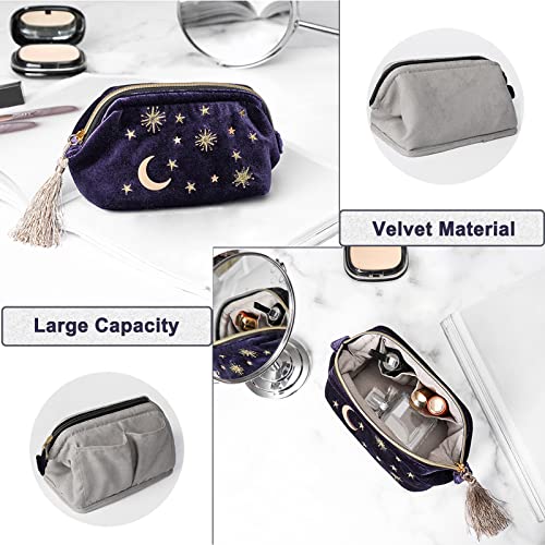 Vecance Navy Makeup Bag Organizer, Velvet Embroidered Applique Stars Moon Cosmetic Make Up Bag Pouch With Tassels Deco, Beautician Storage Bag Clutch Handbags #TOP2