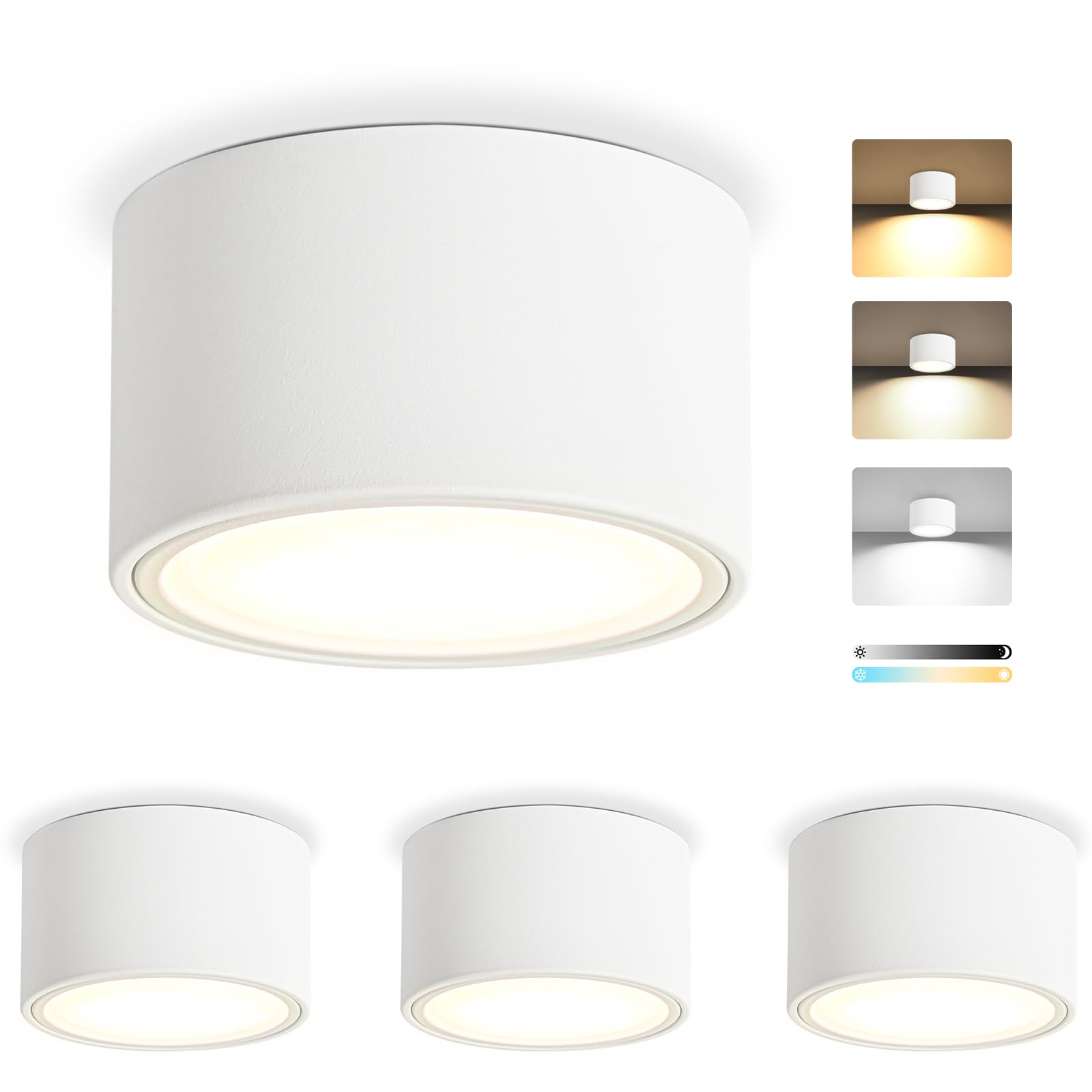 KYOTECH Ściemnialne reflektory LED z reflektorami sufitowymi Ø95 x 55 mm, z modułem LED GX53 7 W 800 LM 230 V, 2700K/4000K/6500K, sufitowy wystający, okrągła lampa sufitowa do salonu, 4 sztuki