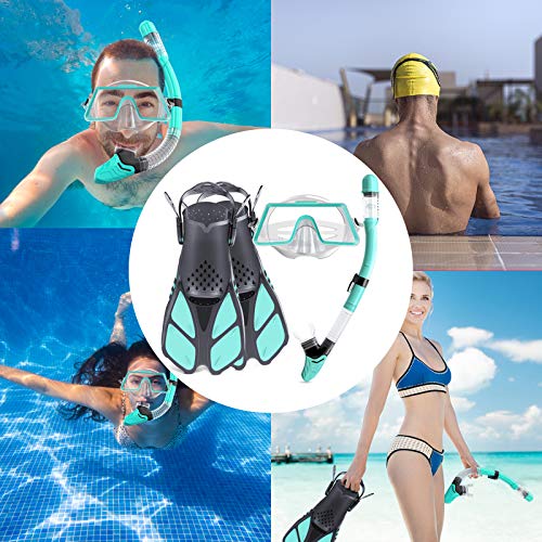 Snorkel Set Adult,Snorkeling Set with Panoramic Snorkel Mask Diving Goggles,Dry Top Snorkel and Adjustable Fins,Scuba Diving Snorkeling Mask for Men Women