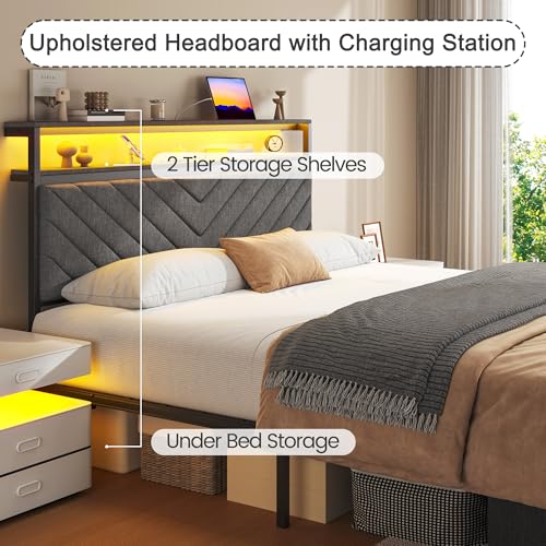 Queen-Bed-Frame-with-2-Drawers-Upholstered-Headboard-with-Storage-and-Charging-Station-LED-Lights-Fabric-Drawers-with-Wheels-Under-Bed-Storage-No-Box-Spring-Needed-Easy-Assembly-Grey