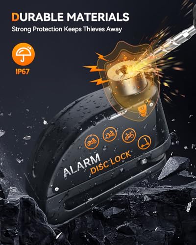 Motorcycle Disc Lock with Alarm, Electric Scooter Lock Heavy Duty Anti-Theft with 120dB Alarm, 5FT Reminder Cable for Helmet Anti-Theft, Rechargeable (Black)