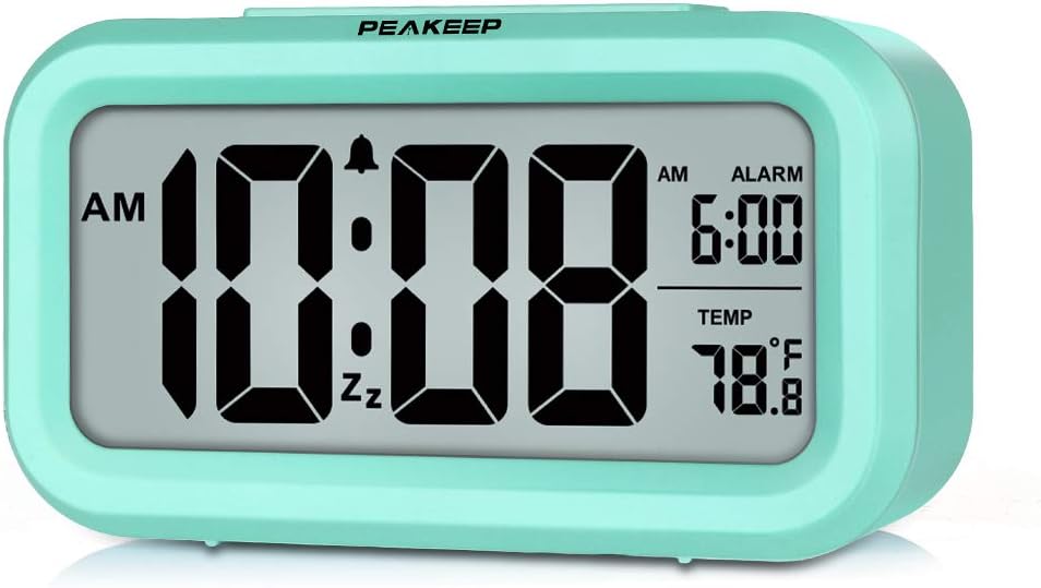 PEAKEEP Smart Night Light Digital Alarm Clock with Indoor Temperature, Battery Operated Desk Small Clock (Mint)