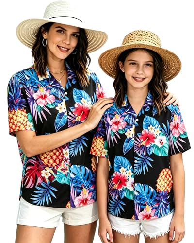 Image of SANGTREE Girls & Women's Hawaiian Shirts Button Down Short Sleeve Floral Tropical Shirt Beach Vacation Blouse Tops