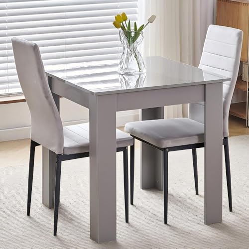 Homullel 75x75 cm Small Dining Table and 2 Chairs 2 Seater Table and Chairs Set Kitchen Dining Room Set for 2 Compact Space Saving Wooden Glossing Tabletop Grey (2 Seats Flannel Grey #1)