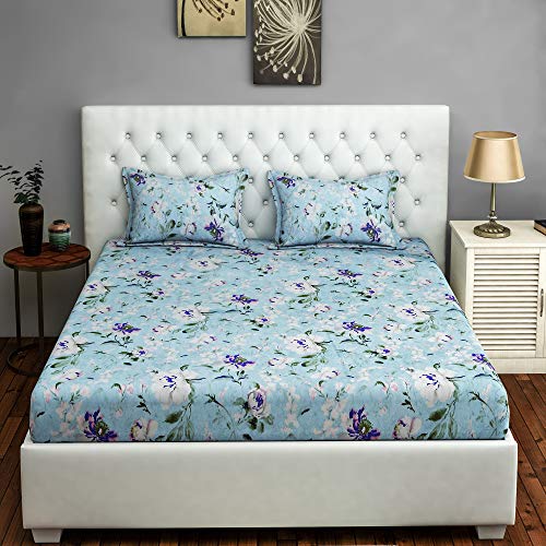 Image of Swayam Roto Cotton King Fitted Bedsheet with 2 Pillow Covers | 144 TC Soft Breathable Bed Sheet | Floral Printed | Size 72 x 78 x 10 inch | Comfortable & Durable for Bedroom - Blue