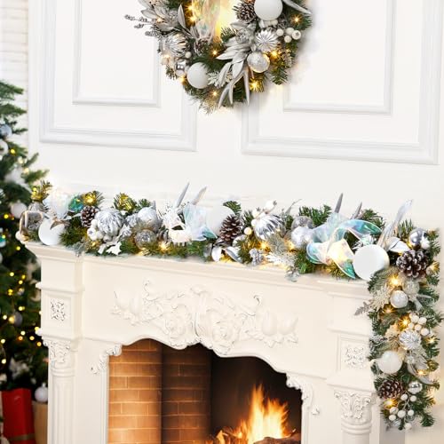 6 Ft Prelit Christmas Garland, Artificial Rattan Flower Snowflake Xmas Garland, Battery Operated Indoor Outdoor Lighted Christmas Garland Decorations for Holiday Garden Gate Stairs