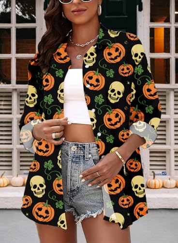 Halloween Shirts for Women: Pumpkin Skeleton T-Shirts Graphic Halloween Fall Long Sleeve Hawaiian Button Down Blouse — view 3