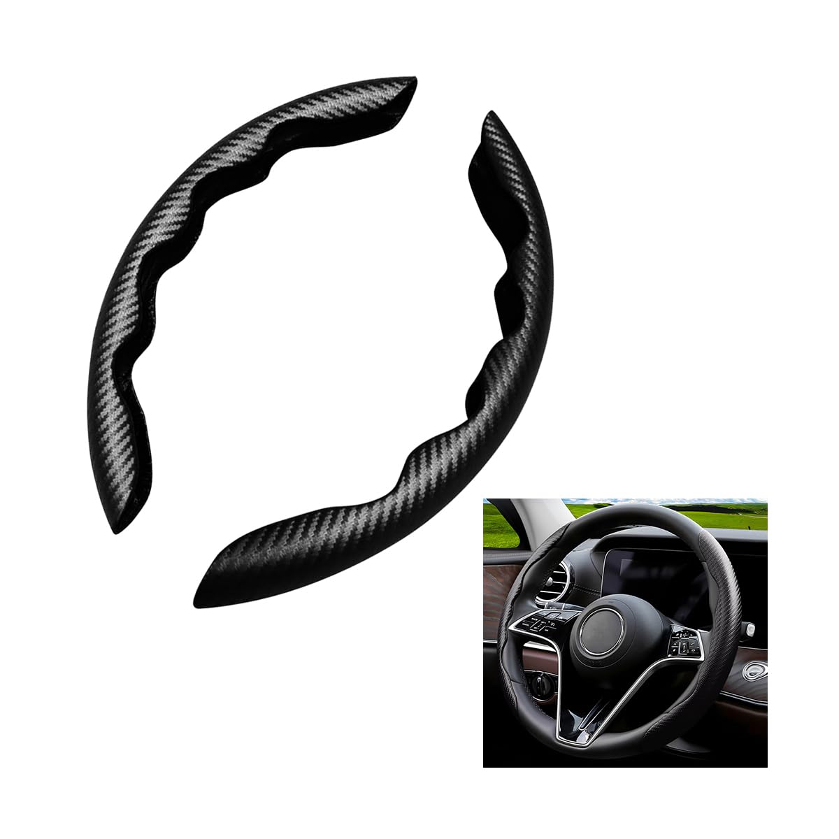 Carbon Fiber Car Steering Wheel Cover, 14.5-15 Inch Leather Segmented Vehicle Steer Wheel Protector, Anti-Slip & Breathable Auto Interior Accessories, Universal for Most Cars (Black)