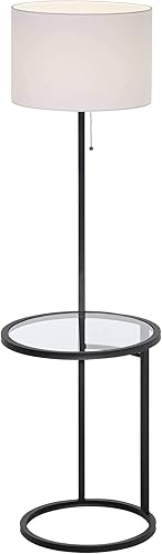 Miniatura 5 de 360 Lighting Lámpara de pie de pie de estilo moderno con mesa auxiliar de bandeja de vidrio, 62 pulgadas de alto, tela blanca de metal negro y