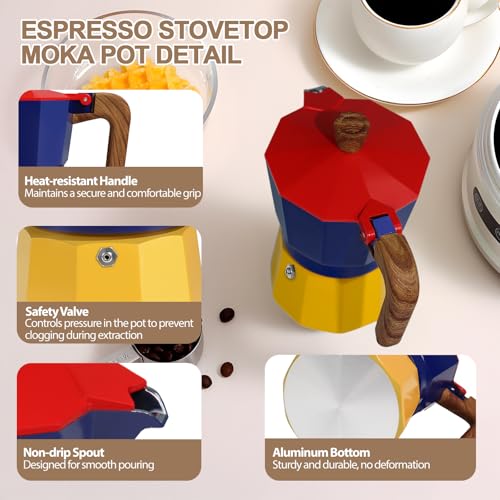 Image of Aluminum 6 Cup 300ml Moka Pot Express Coffee Maker Stovetop Espresso Colorful Coffeemaker Italian Classic Style Brewing Greca Cafe Mocha Machine for Cafeteras Lover Camping Travel and Home Use 10oz