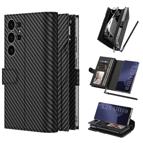 Étui portefeuille pour Samsung S25 Ultra en cuir avec béquille et poches zippées
