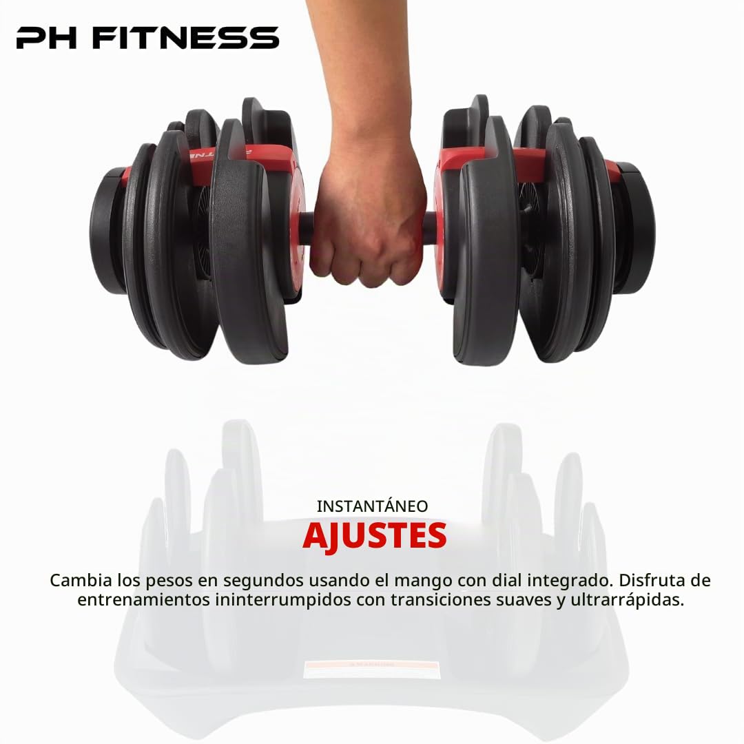PH Fitness Mancuernas Ajustables Premium 24kg – 15 en 1 con Ajuste Rápido con Una Mano – Juego Compacto para Gimnasio en Casa – 2.5 a 24 kg – Equipo de Fitness Ahorra Espacio