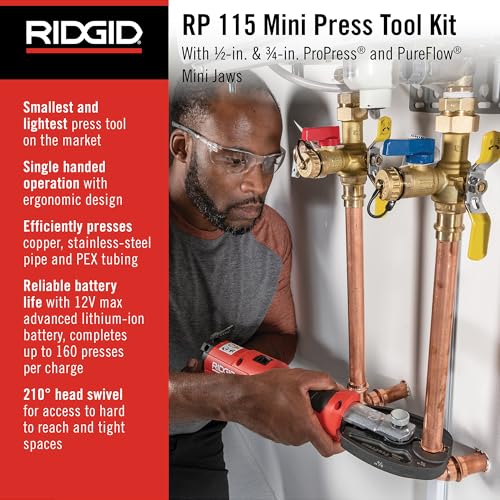 Image of RIDGID 72558 Model RP 115 Mini Press Tool and Battery Kit with 1 /2 inch to 3 /4 inch ProPress and PureFlow Press Tool Jaws, 2V Li /Ion Battery, 12V Charger, and Carrying Case