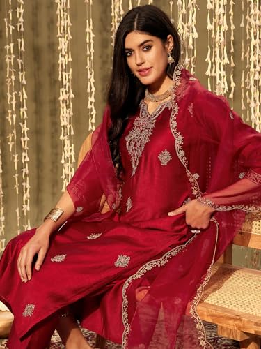 Image of INDO ERA Women's Embroidered Silk Blend Straight Kurta & Palazzo With Dupatta Set (RRRRR9584)