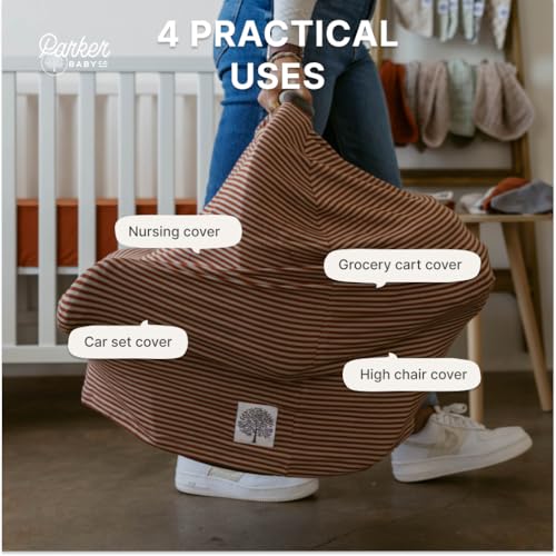 Image of Parker Baby 4 in 1 Car Seat Cover for Girls and Boys - Stretchy Carseat Canopy, Nursing Cover, Grocery Cart Cover, High Chair Cover - inchClay /Alpaca Stripes inch
