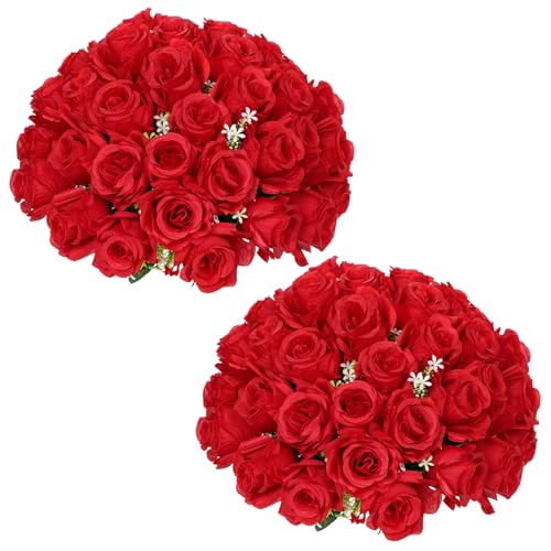 Briful 2er Set Künstliche Rosen für Gräber Rote Seidenrosen Kunstblumen Wie Echt für Outdoor Dekoration