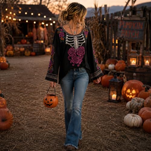 Womens Halloween Shirts Skeleton Floral Graphic Shirt Bell Sleeve Top - image 4