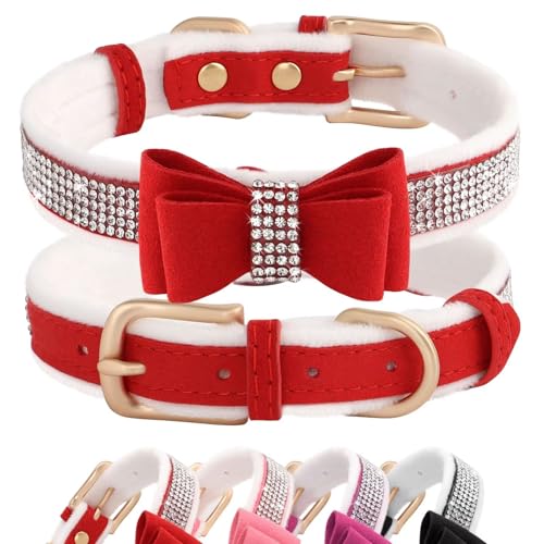 Beirui Warm Velvet Padded Rhinestone Dog Collar - Full Crystal Diamond Cute Girl Dog Collars with Bow Tie - Soft Suede Leather Cat Puppy Collars for Small Medium Dogs,Red,Neck 7-10'