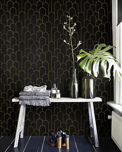 Image of Black and Gold Arches Art Deco Wallpaper for Home - Luxury Geometric Pattern Wall Coverings for Living Room, Bedroom & Office - Textured Metallic Gold & Charcoal Black Accent Decor (45x300cm)