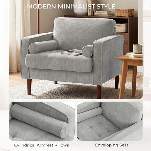 Image of Accent Chairs Stet of 2, Chenille Upholstered Armchairs for Living Room, Comfy Single Sofa Bedroom Reading Seat with 2 Bolster Pillows, Light Gray