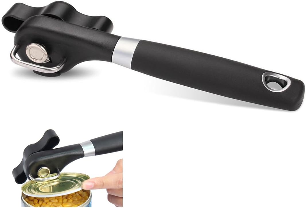 Smooth Edge Side Cut Can Opener, Handy Stainless Steel Can Opener with Turn Knob and Soft Grip Handle