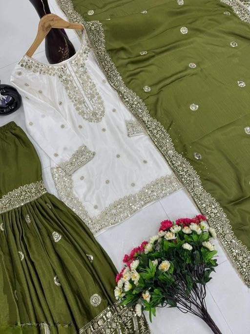 Image of Shishkala Women's Off-White Embroidered Kurta with Green Sharara & Dupatta Set - 3 /4 Sleeve, Round Neck, Above Knee Length | Party | Wedding
