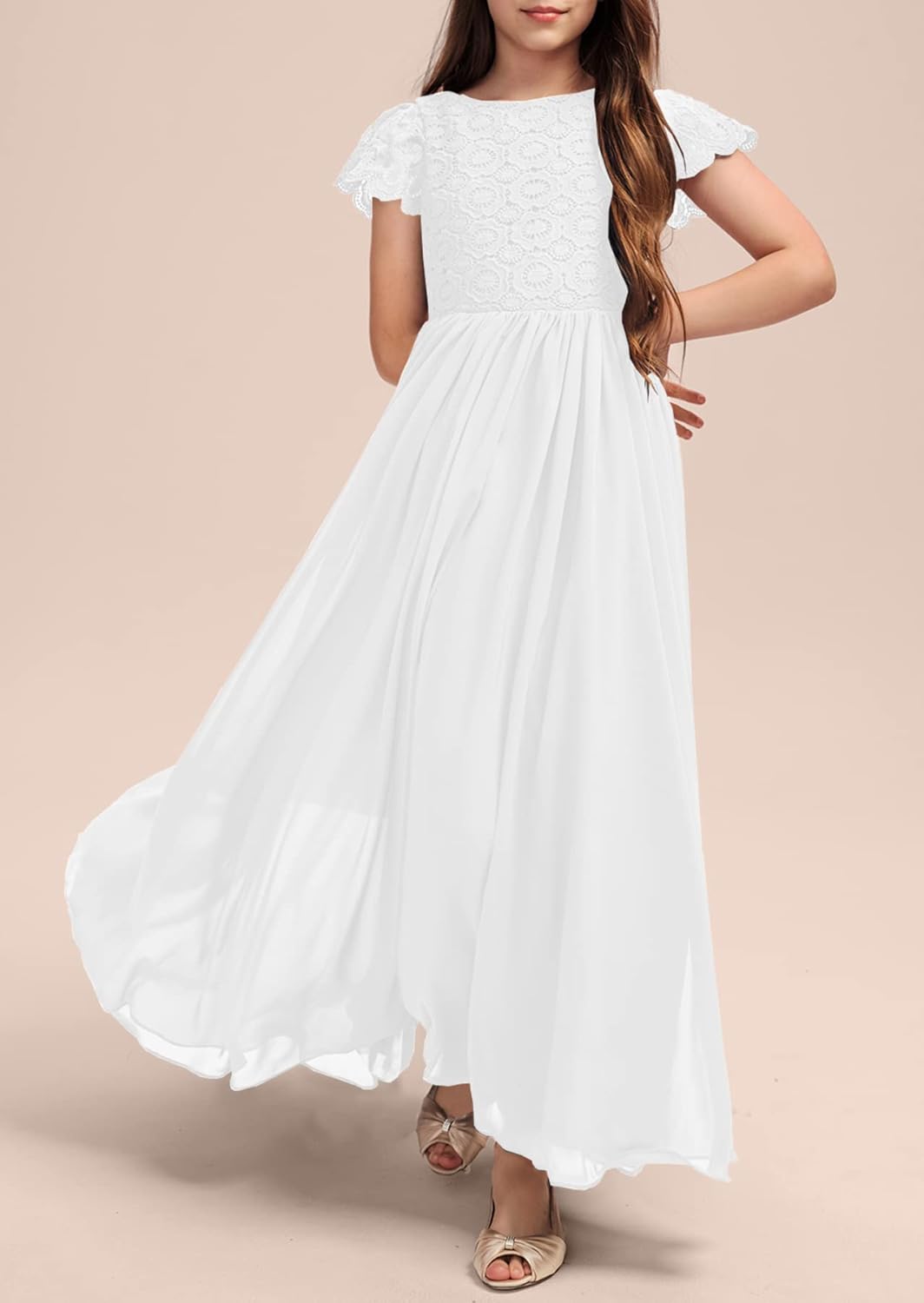 HOSIKA Girls Vintage Chiffon Ruffle Sleeve A-Line Wedding Party Maxi Junior Bridesmaid Dress for Kids 6-12 Years - Image 2