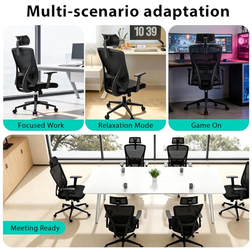 Durrafy Silla de oficina ergonómica, silla de escritorio giratoria de malla transpirable con respaldo alto con reposacabezas ajustable, reposabrazos y soporte lumbar, adecuada para el hogar/oficina - imagen 9