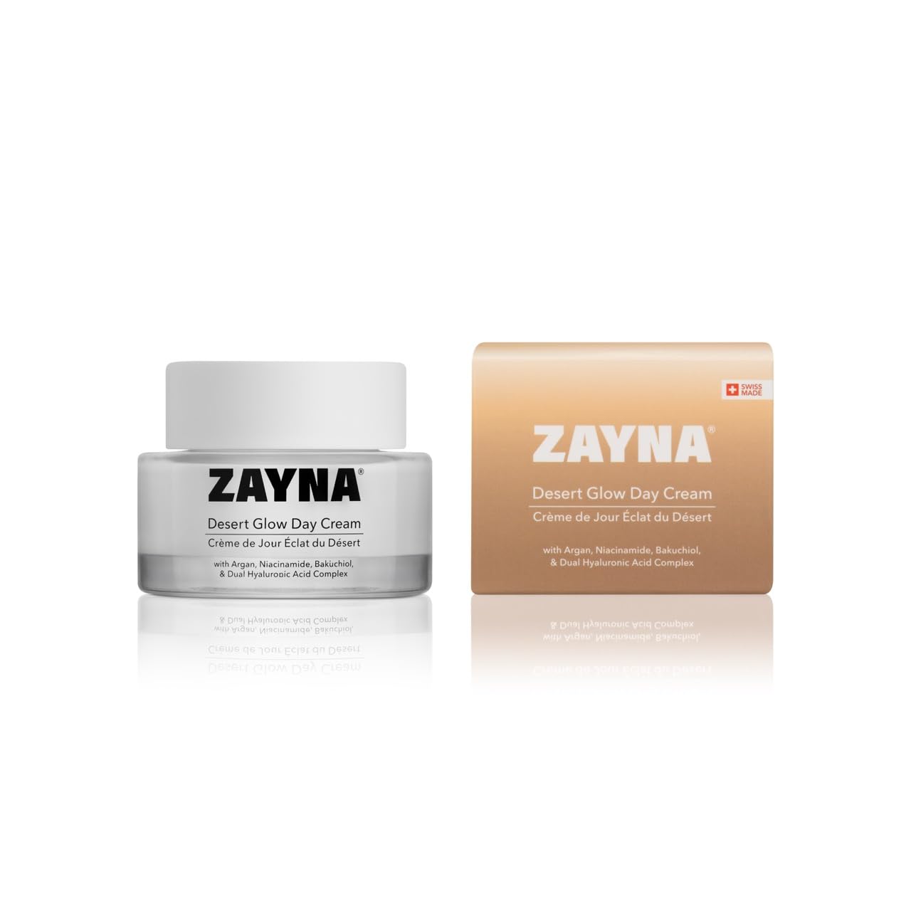 ZAYNA Desert Glow Day Cream 50 g – lekki krem na dzień z olejkiem arganowym, niacynamidem, bakuchiolem i kwasem hialuronowym, dla nawilżenia i promiennej skóry, wyprodukowano w Szwajcarii