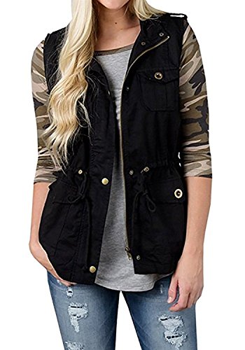 SENSERISE Womens Lightweight Sleeveless Military Anorak Drawstring Jacket Vest(Black,L)
