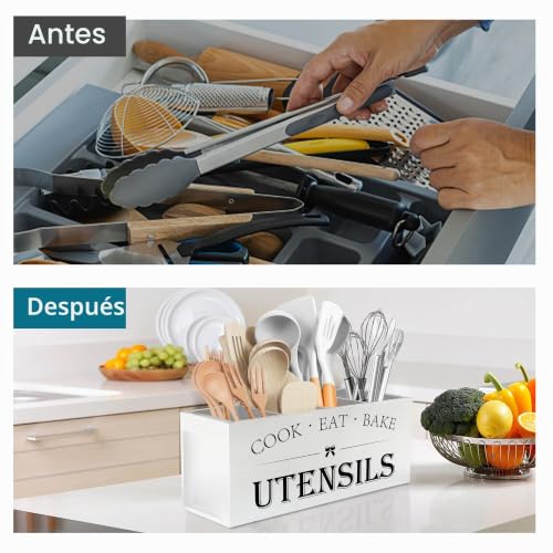 Miniatura 3 de Suli Soporte Extragrande Para Utensilios Con 4 Compartimentos, Organizador De Utensilios De Madera Para Encimera, Decoración De Cocina De Granja, Utensilios De Cocina Rústicos, Color Blanco