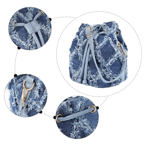 Image of Women Denim Mini Bucket Shoulder Crossbody Bag Drawstring Quilted Distressed Tassel Barrel Shape Satchel Purse