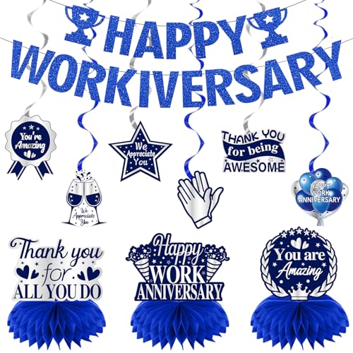 Zirtorei Happy Workiversary Decorations for Men Employee 11pcs Blue Silver Work Anniversary Banner Party Supplies Workiversary Honeycomb Centerpieces Hanging Swirls Business Gift for Office