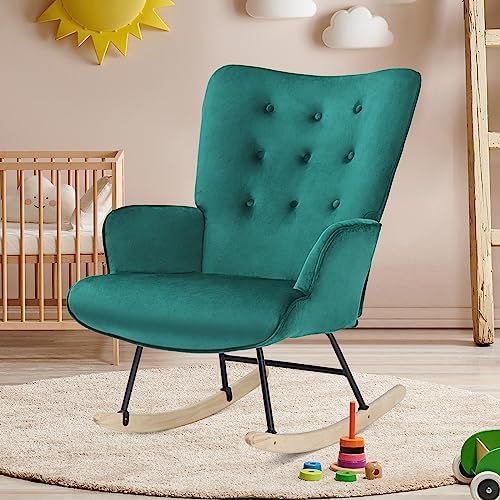 K Knowbody Rocking Chair Nursery, Boho Nursery Glider Rocker Modern Accent Chair for Bedroom, Living Room, Tufted Upholstered Armchair with Linen Fabric, Nursing Chairs for Mom and Baby, Green